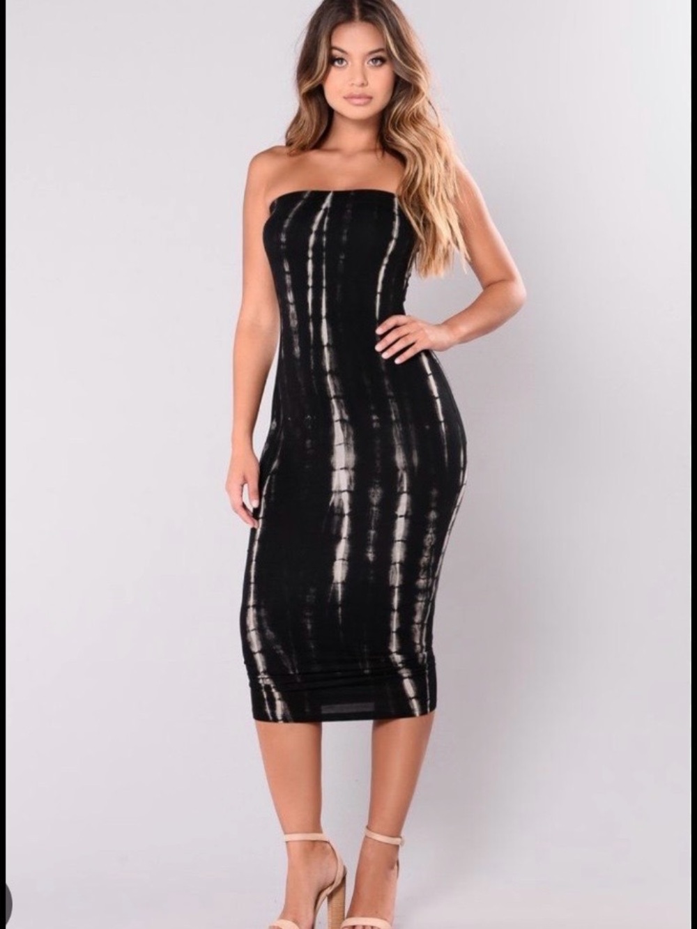 ISO: Strapless Black Tie-Dye Midi Dress